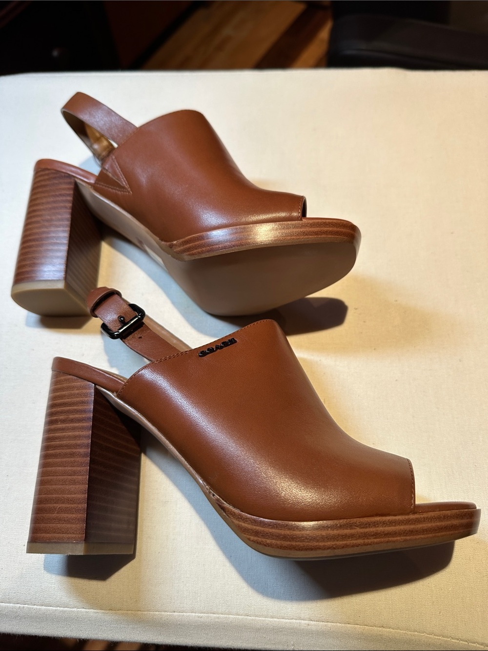 Coach Saddle Brown Leather Platform Slingback Heels